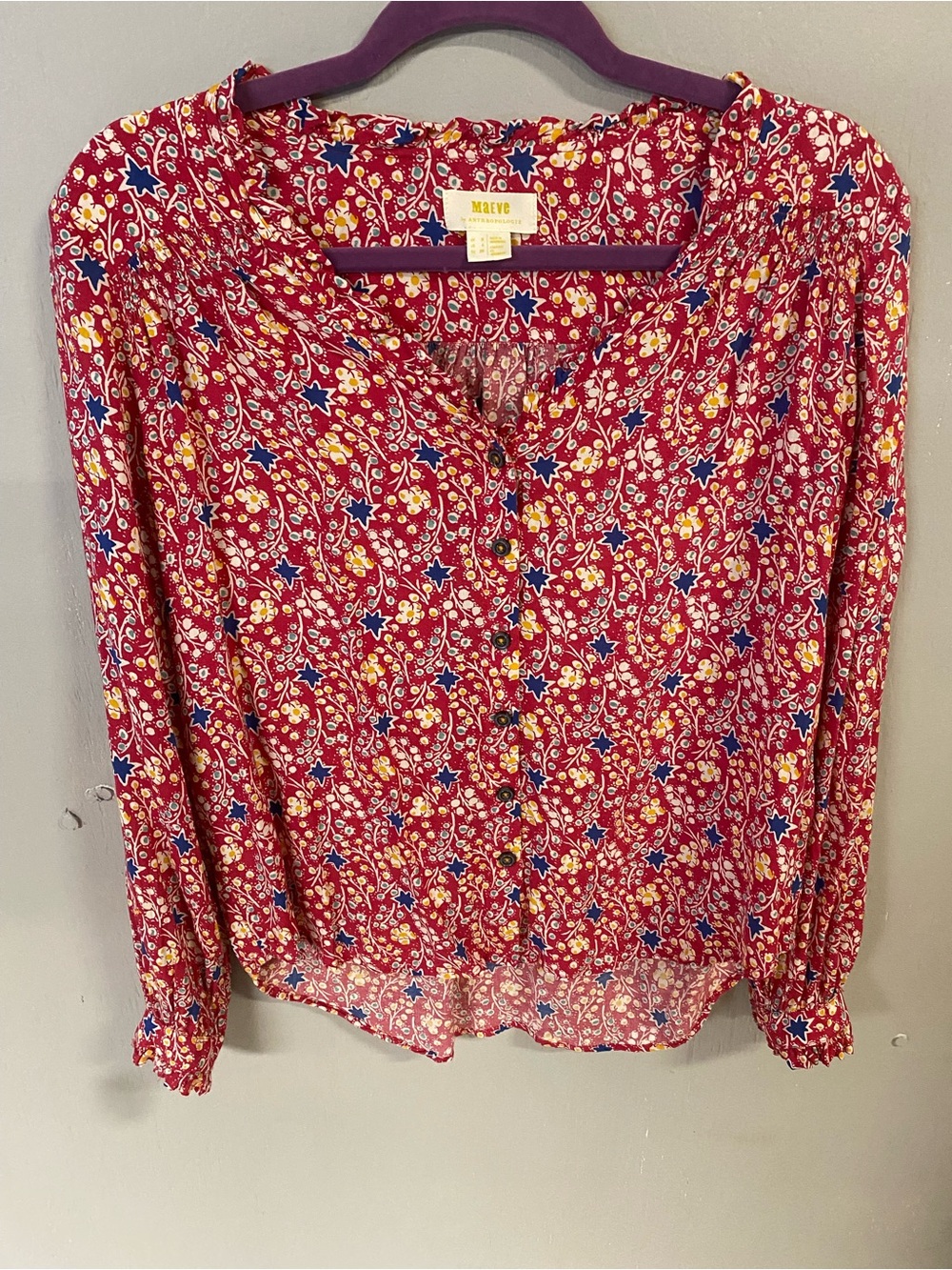 Anthropologie Red Floral Button-Front Blouse with Blue Star Accents